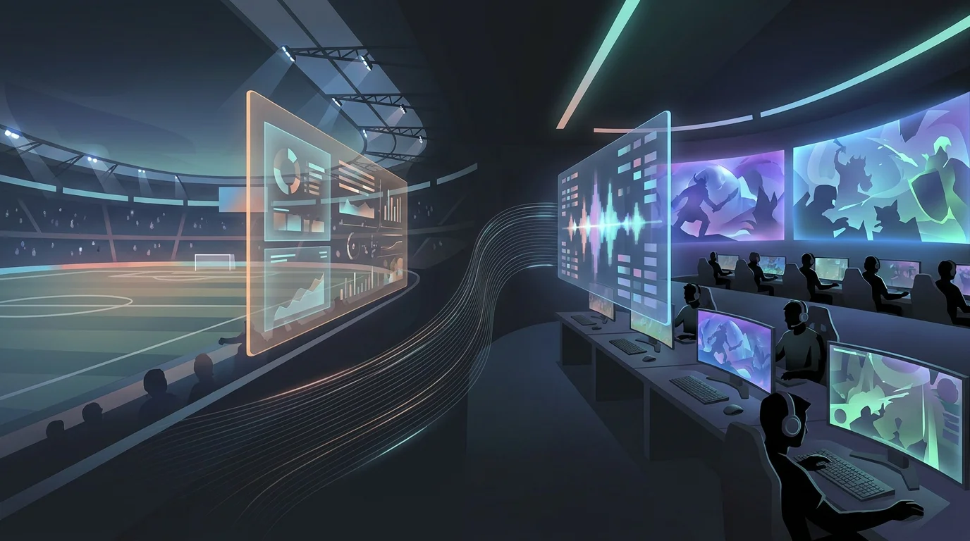 Ilustrasi editorial generik sportsbook dan esports dengan motif arena digital