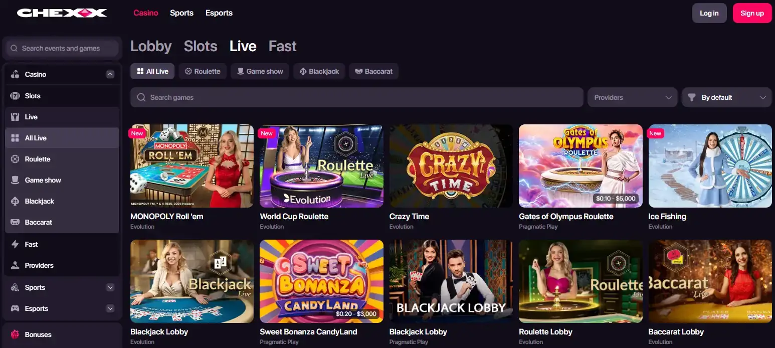Paparan sebenar kategori Live Casino di CHEXX