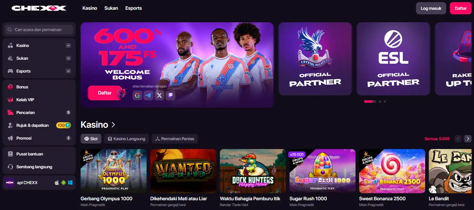Paparan laman CHEXX yang menunjukkan bahagian casino dan sportsbook